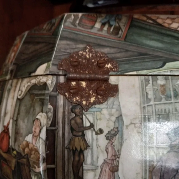 Vintage Victorian Decoupage Lucite Wood Tone Handle Trinket Box Handbag Purse - Picture 7 of 15